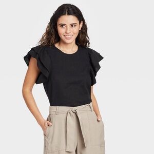 A New Day Women Black Blouse Ruffle Short Sleeve Shirt